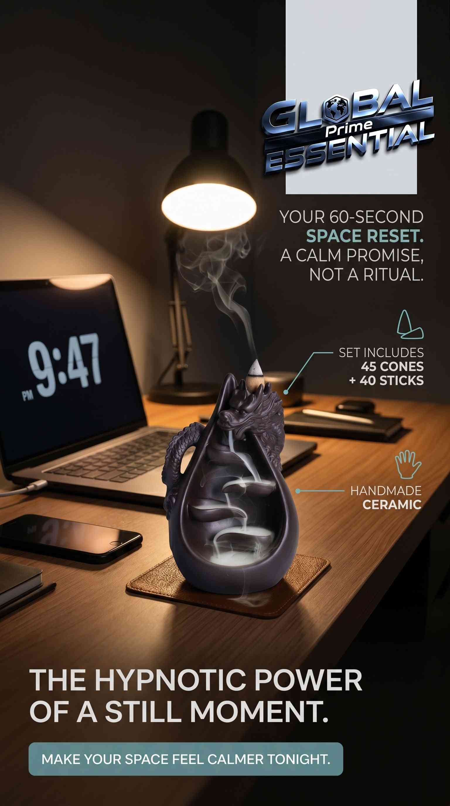 Ceramic dragon backflow incense burner set with waterfall effect, includes 45 cones and 40 sticks, from Global Prime Essential.