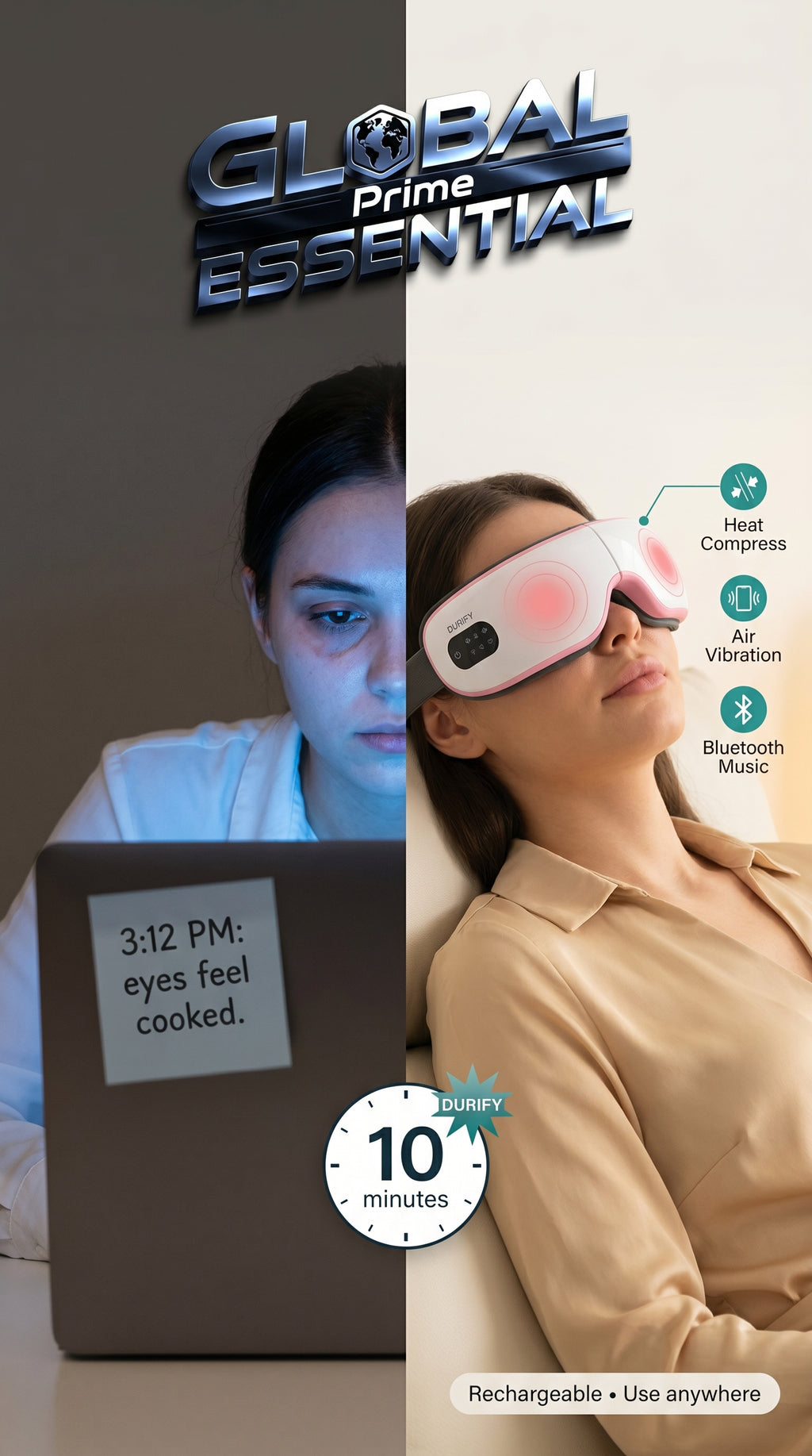 Global Prime Essential electric eye massager helping relieve eye strain with soothing massage features.