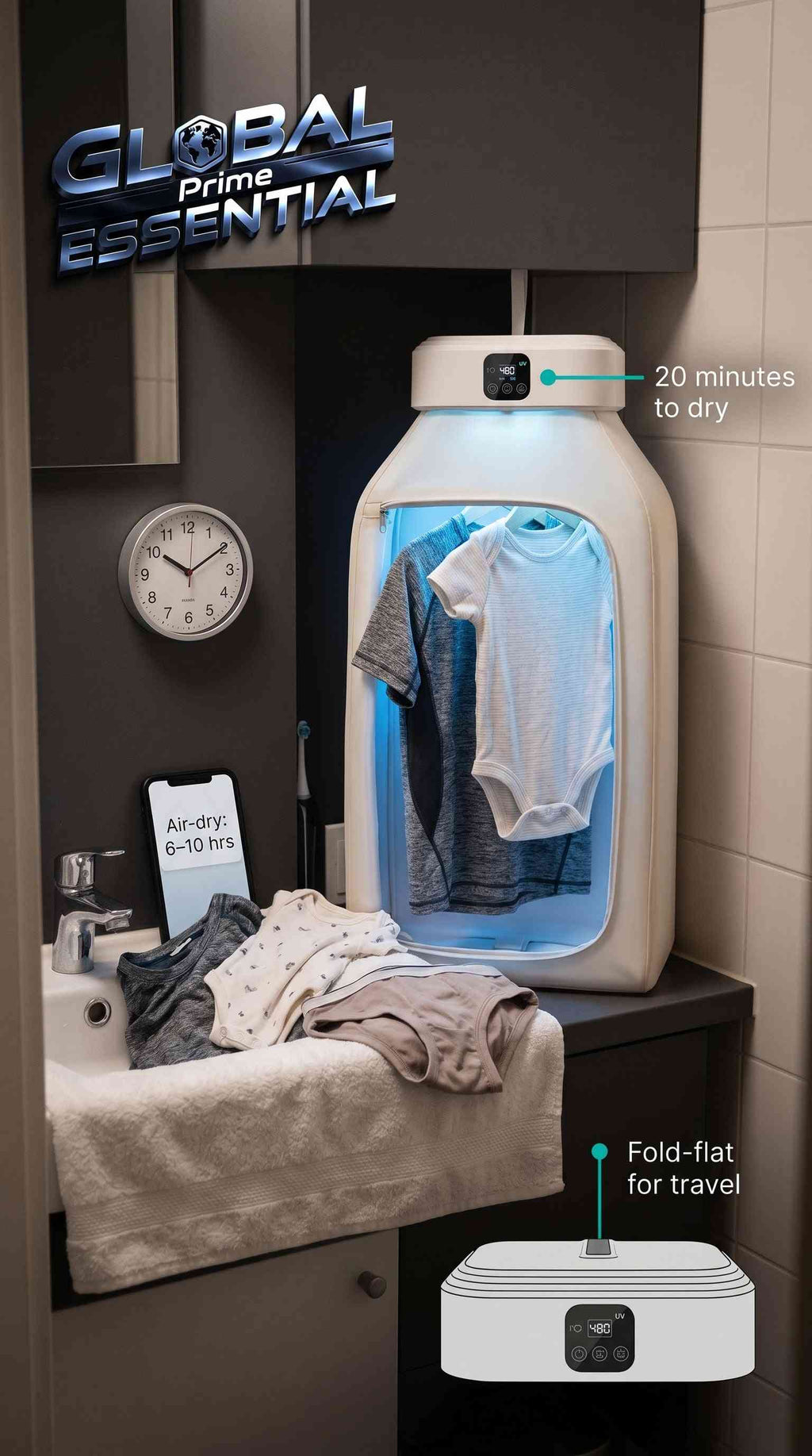 Global Prime Essential portable electric clothes dryer with fast drying, UV light, foldable design for travel and small spaces.