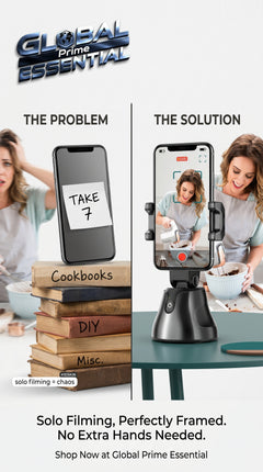 Global Prime Essential face tracking phone holder with 360° auto-follow stand for videos and live streaming.