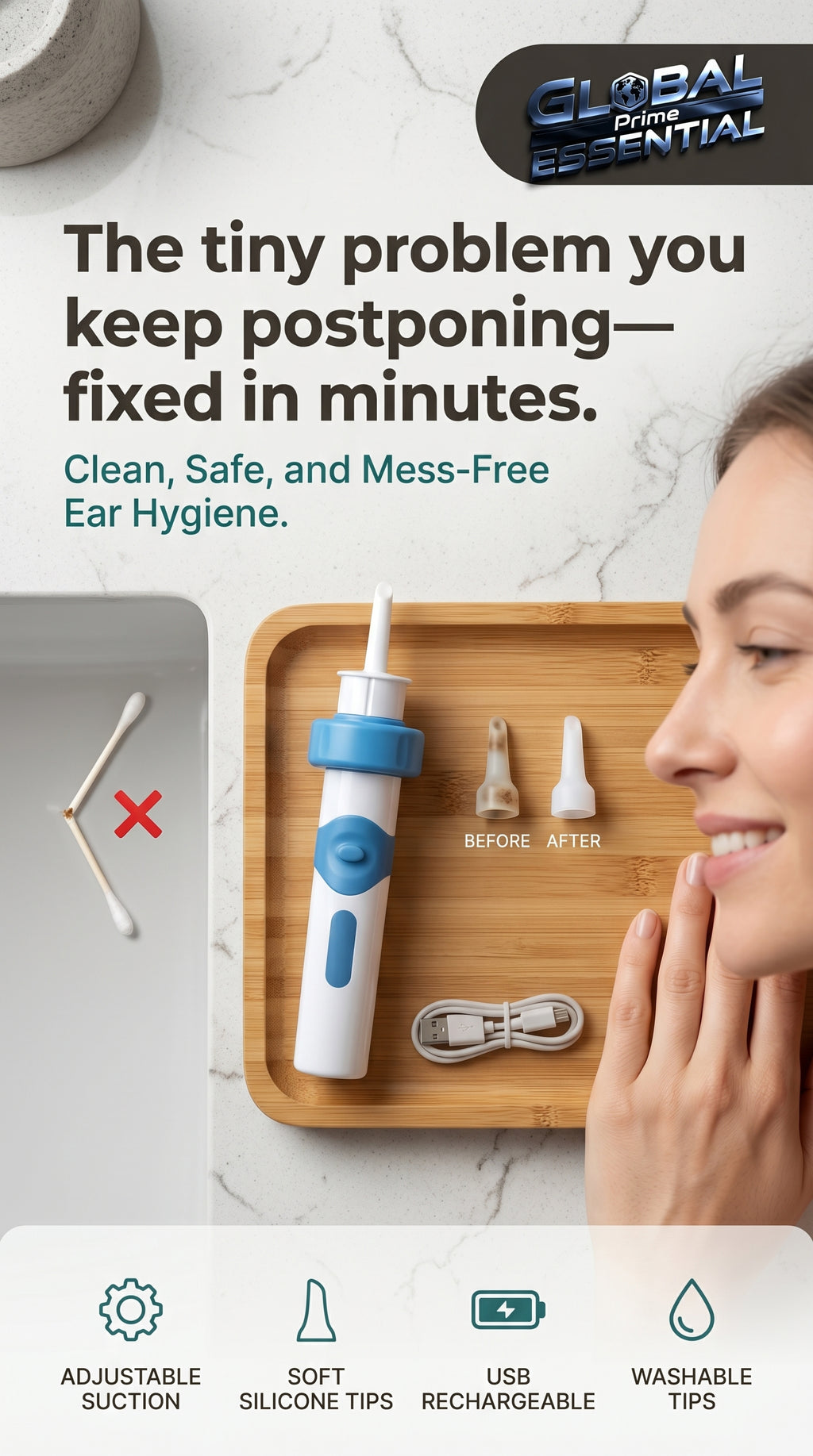 Global Prime Essential electric earwax suction remover with a clear view of the device gently cleaning ears safely and effectively.