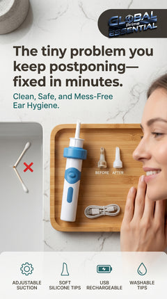 Global Prime Essential electric earwax suction remover with a clear view of the device gently cleaning ears safely and effectively.
