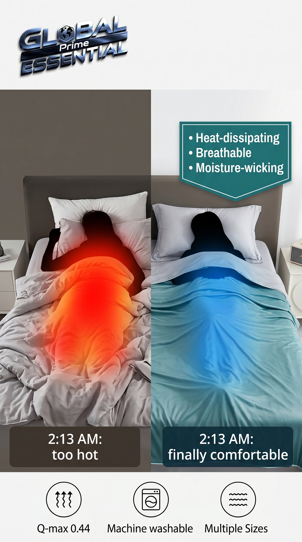 Global Prime Essential cooling blanket shown spread out on a bed, designed for better sleep with breathable, cooling fabric.