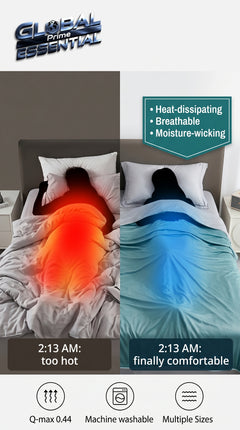 Global Prime Essential cooling blanket shown spread out on a bed, designed for better sleep with breathable, cooling fabric.