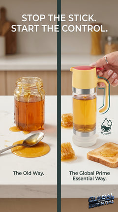 Global Prime Essential honey dispenser with handle, designed for drip-free honey pouring and easy serving.