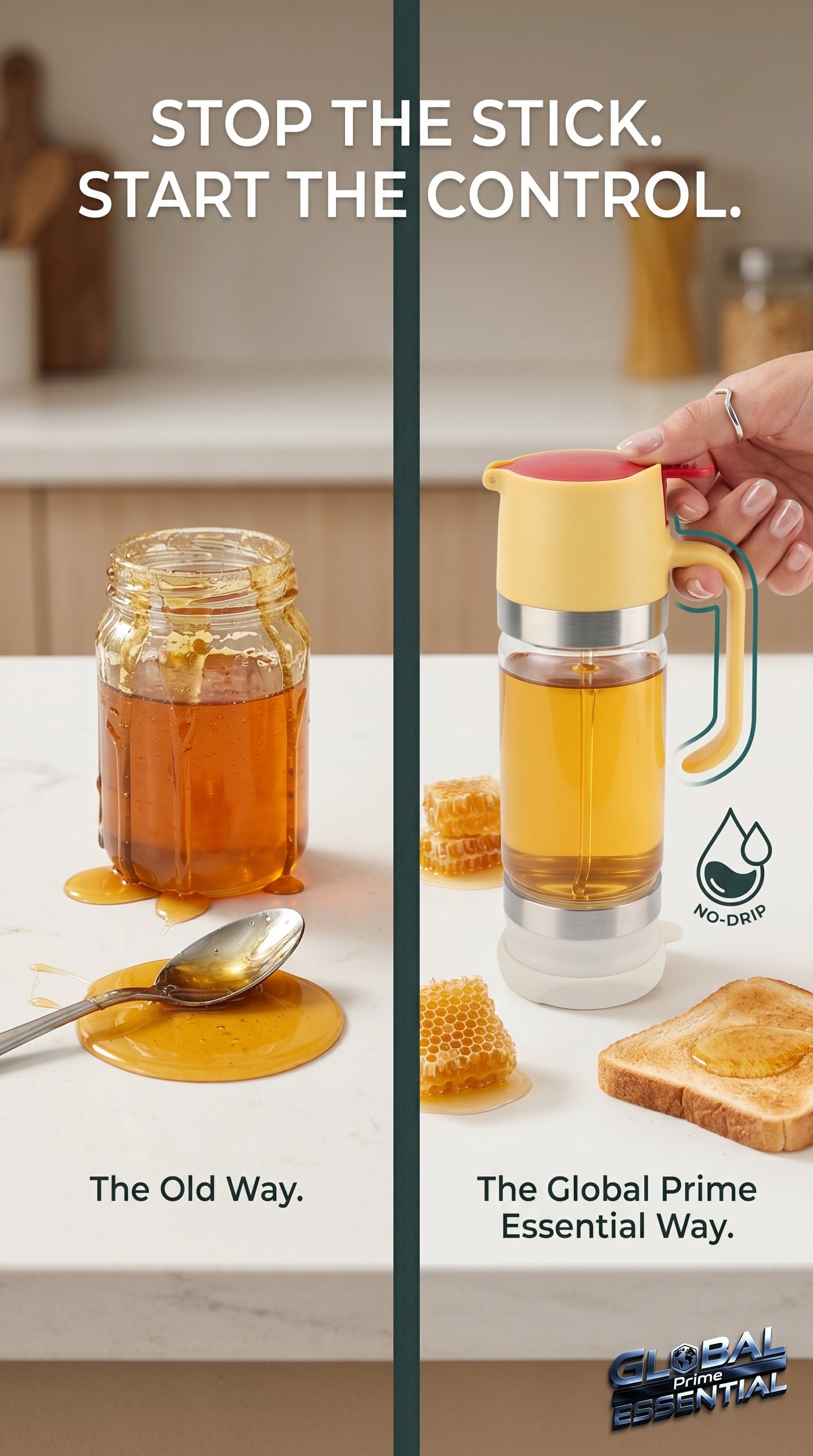 Global Prime Essential honey dispenser with handle, designed for drip-free honey pouring and easy serving.