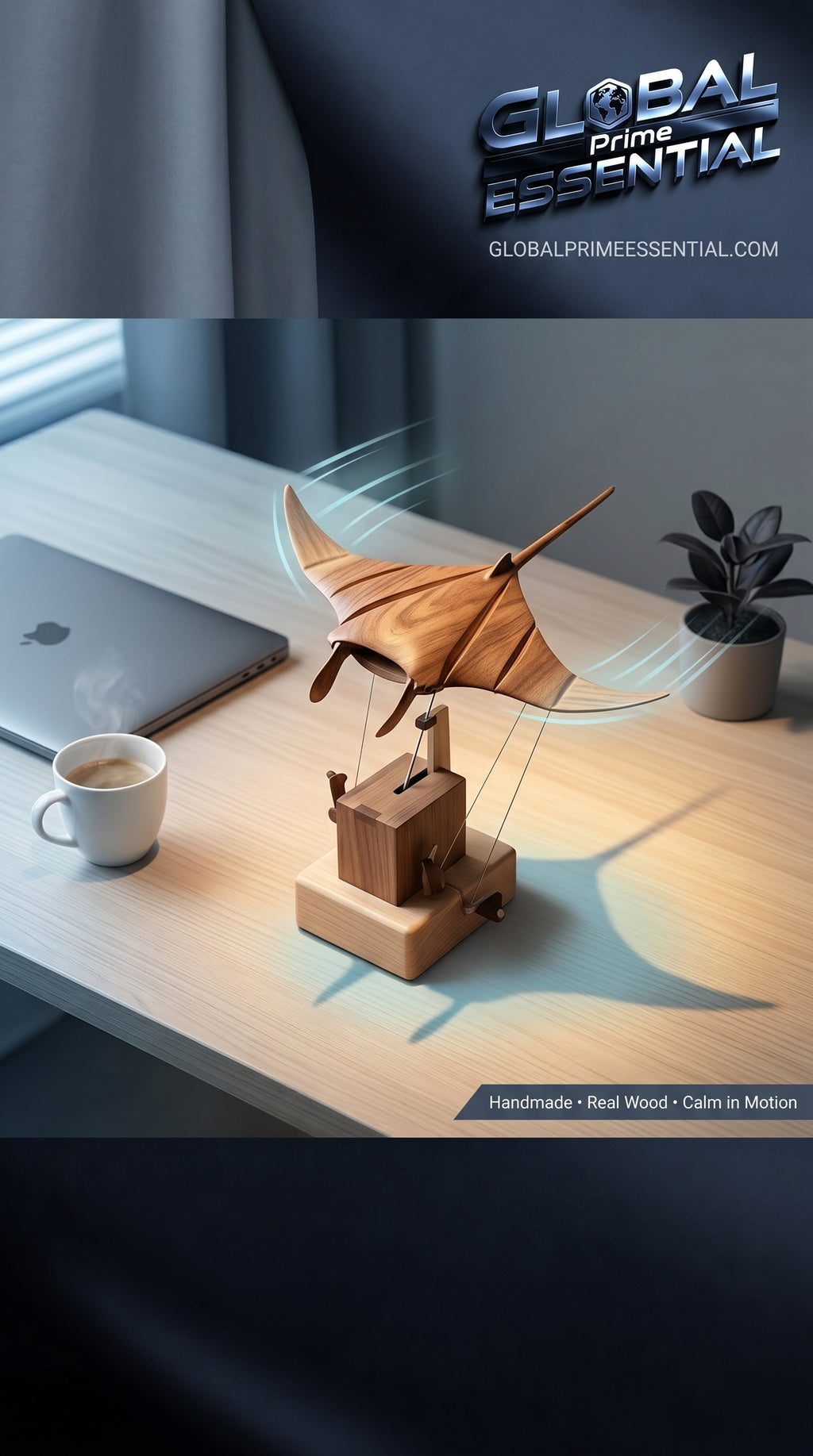 Handmade wooden manta ray kinetic desk sculpture by Global Prime Essential, showcasing smooth swimming motion for calming home decor.