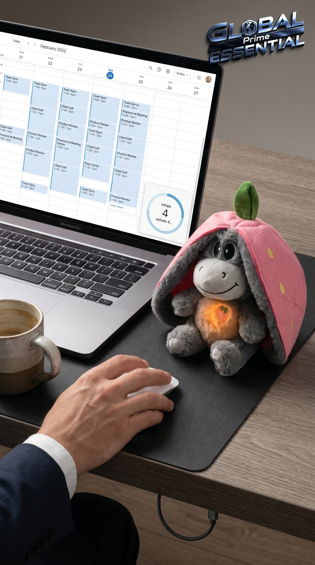 Soft plush strawberry donkey breathing doll from Global Prime Essential, shown with detailed fabric texture and peaceful expression.