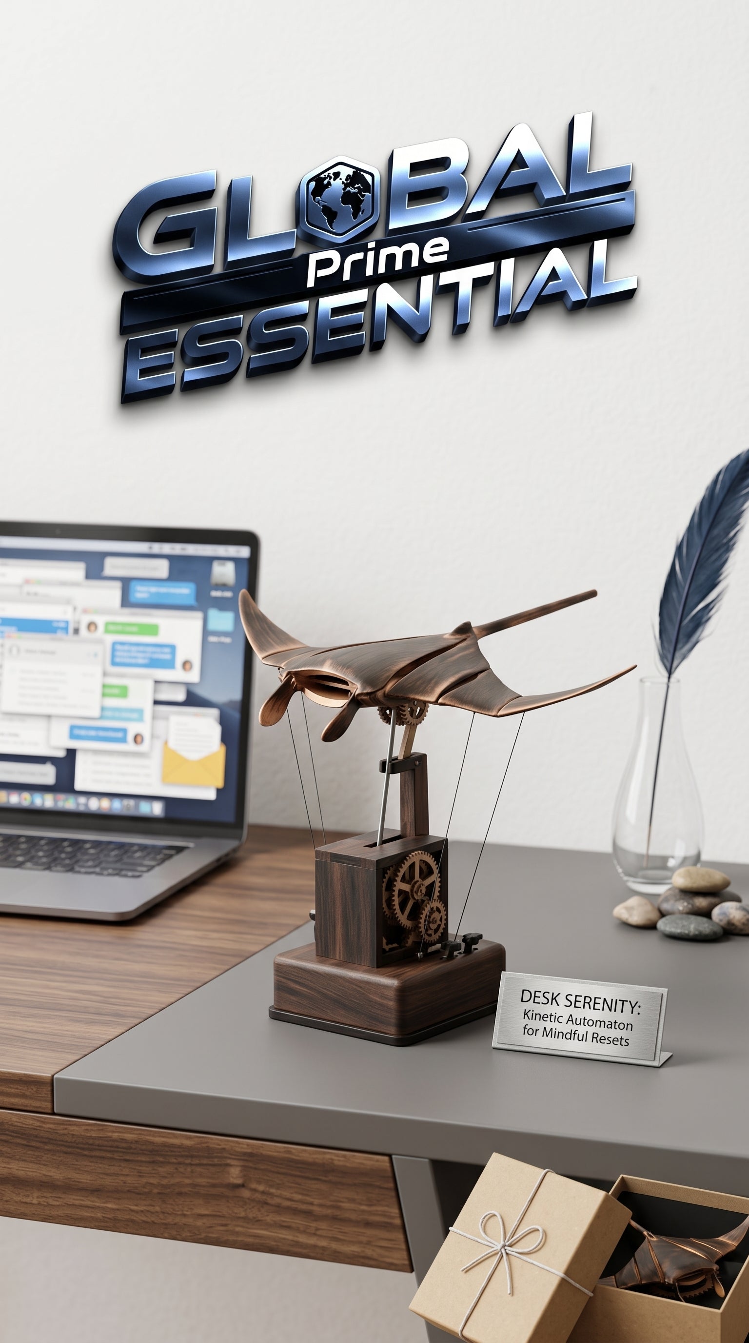 Handmade wooden manta ray desk sculpture with smooth swimming motion, ideal for home decor by Global Prime Essential.