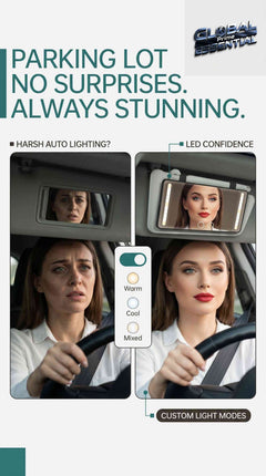 Global Prime Essential LED car makeup mirror with adjustable lighting modes, high clarity, portable design, and compact tool set.