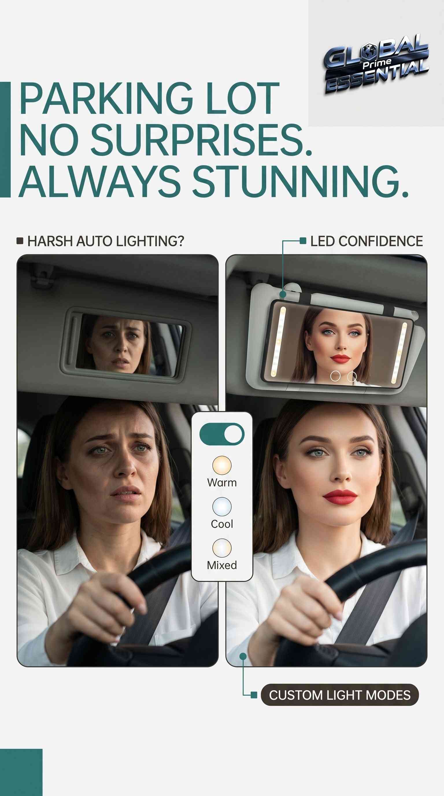 Global Prime Essential LED car makeup mirror with adjustable lighting modes, high clarity, portable design, and compact tool set.