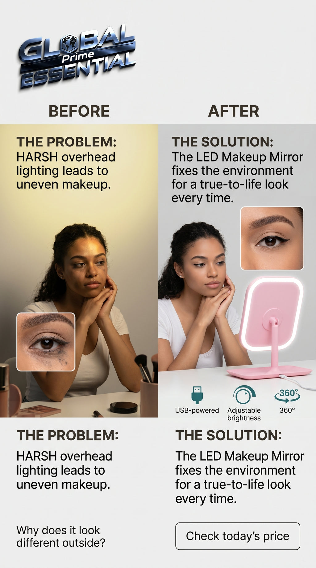 Global Prime Essential LED makeup mirror with adjustable bright light and sleek vanity design for flawless beauty application.