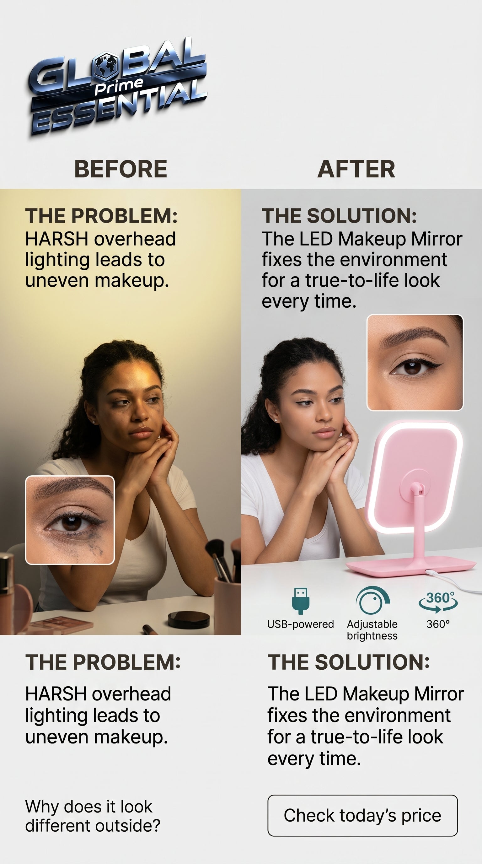 Global Prime Essential LED makeup mirror with adjustable bright light and sleek vanity design for flawless beauty application.