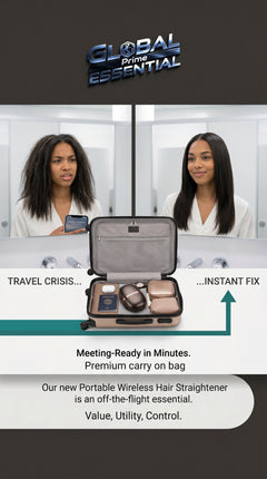 Global Prime Essential portable hair straightener with a sleek design, perfect for smooth styling on the go.
