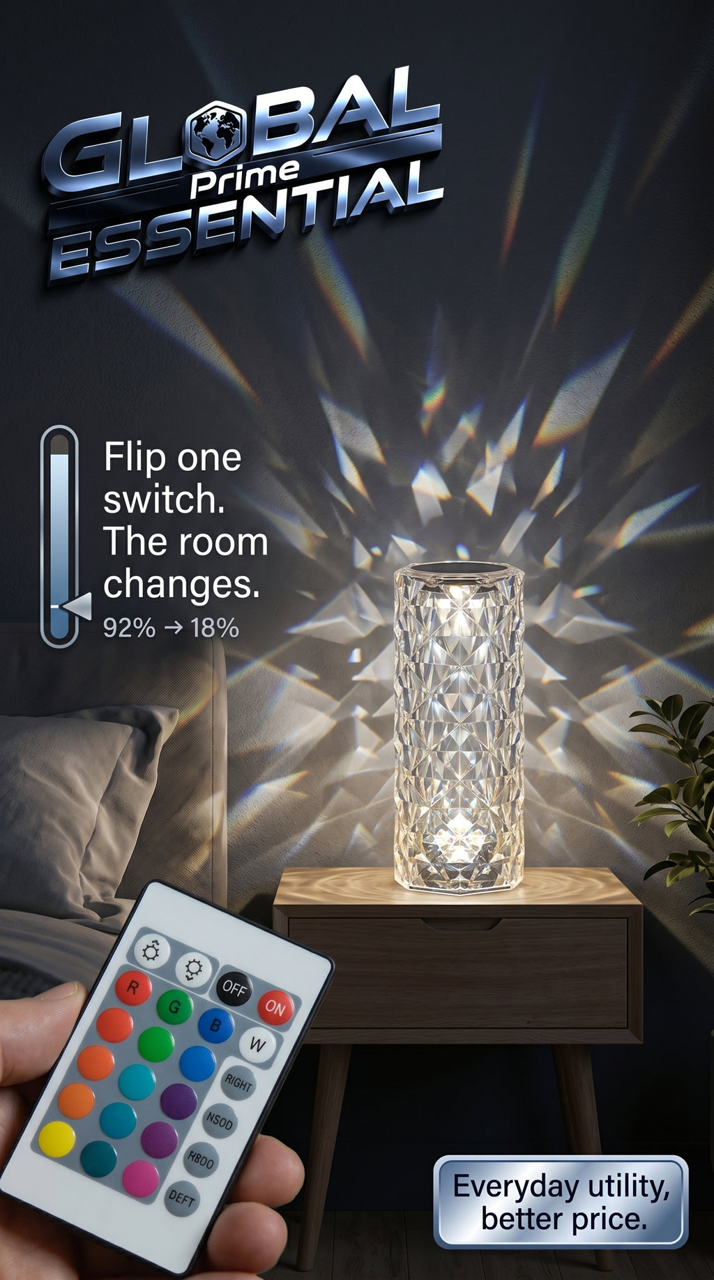 Global Prime Essential crystal lamp with a single switch, showcasing elegant light reflection and room ambiance.