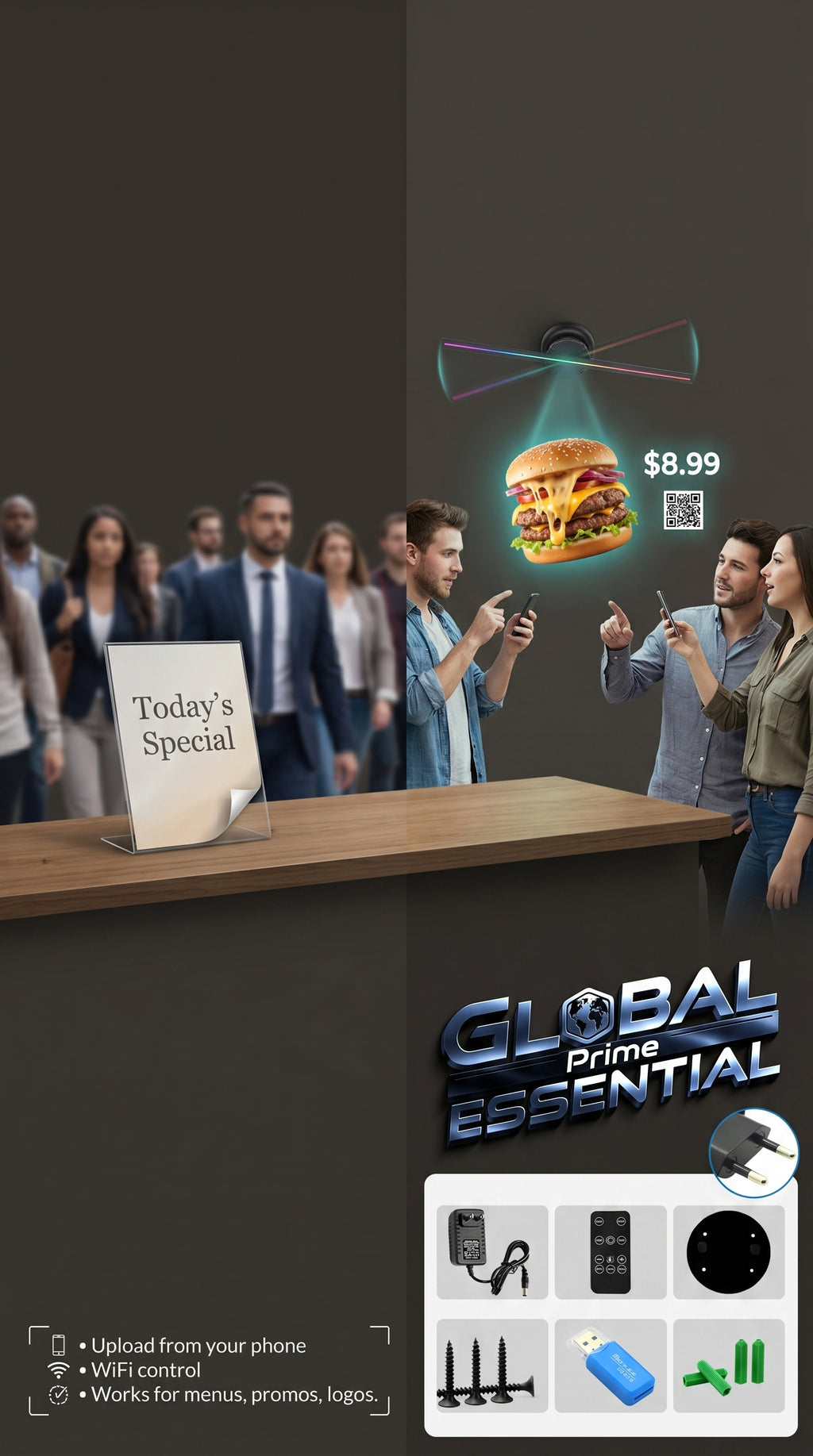 3D hologram fan displaying floating message, eye-catching digital display for shops, events, and home by Global Prime Essential.