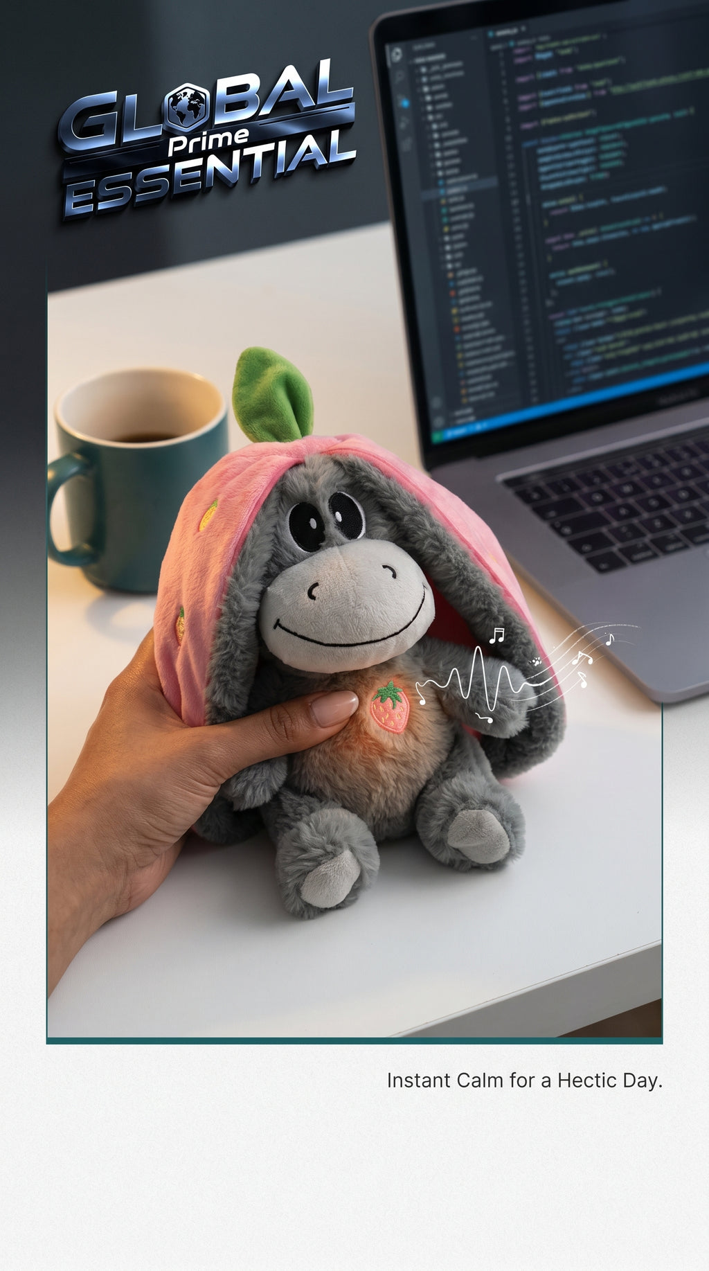 Global Prime Essential Strawberry Donkey Breathing Plush Doll, a soft plush toy with realistic breathing features, ideal for desk decor.