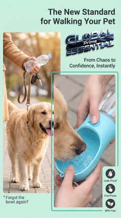 Global Prime Essential portable pet water bottle with built-in bowl for easy hydration on the go for dogs and cats.