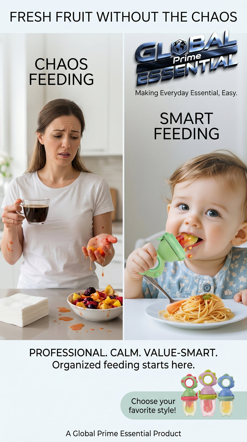 Global Prime Essential baby fruit squeezer feeder with fresh fruit and zero-mess design for easy, healthy feeding.