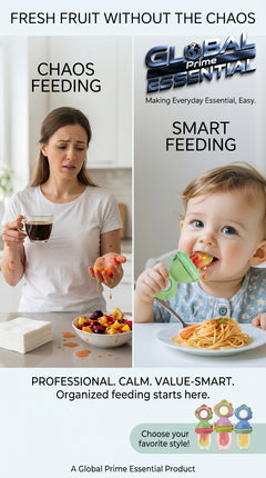 Global Prime Essential baby fruit squeezer feeder with fresh fruit and zero-mess design for easy, healthy feeding.