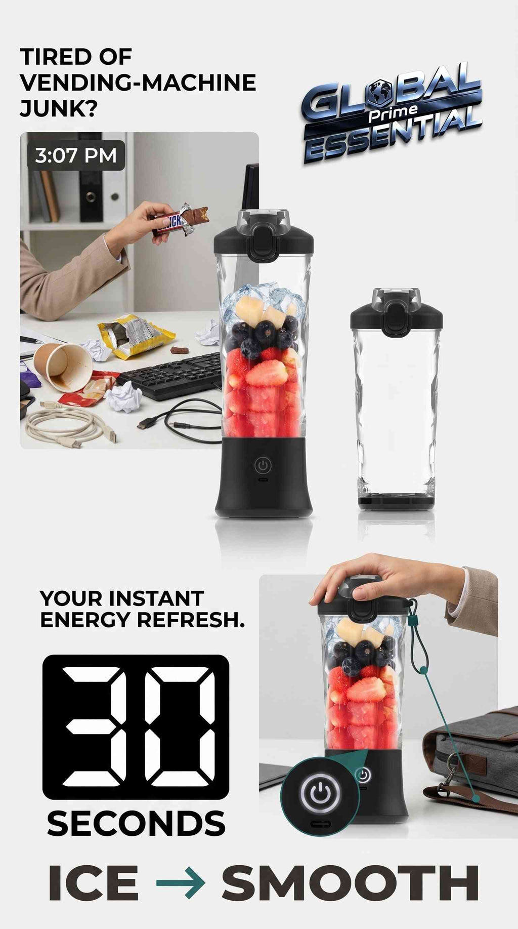 Global Prime Essential portable blender cup with 600ml BPA-free bottle, blending smoothies swiftly with 240W motor and rechargeable battery