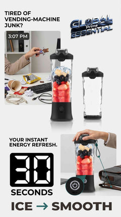 Global Prime Essential portable blender cup with 600ml BPA-free bottle, blending smoothies swiftly with 240W motor and rechargeable battery