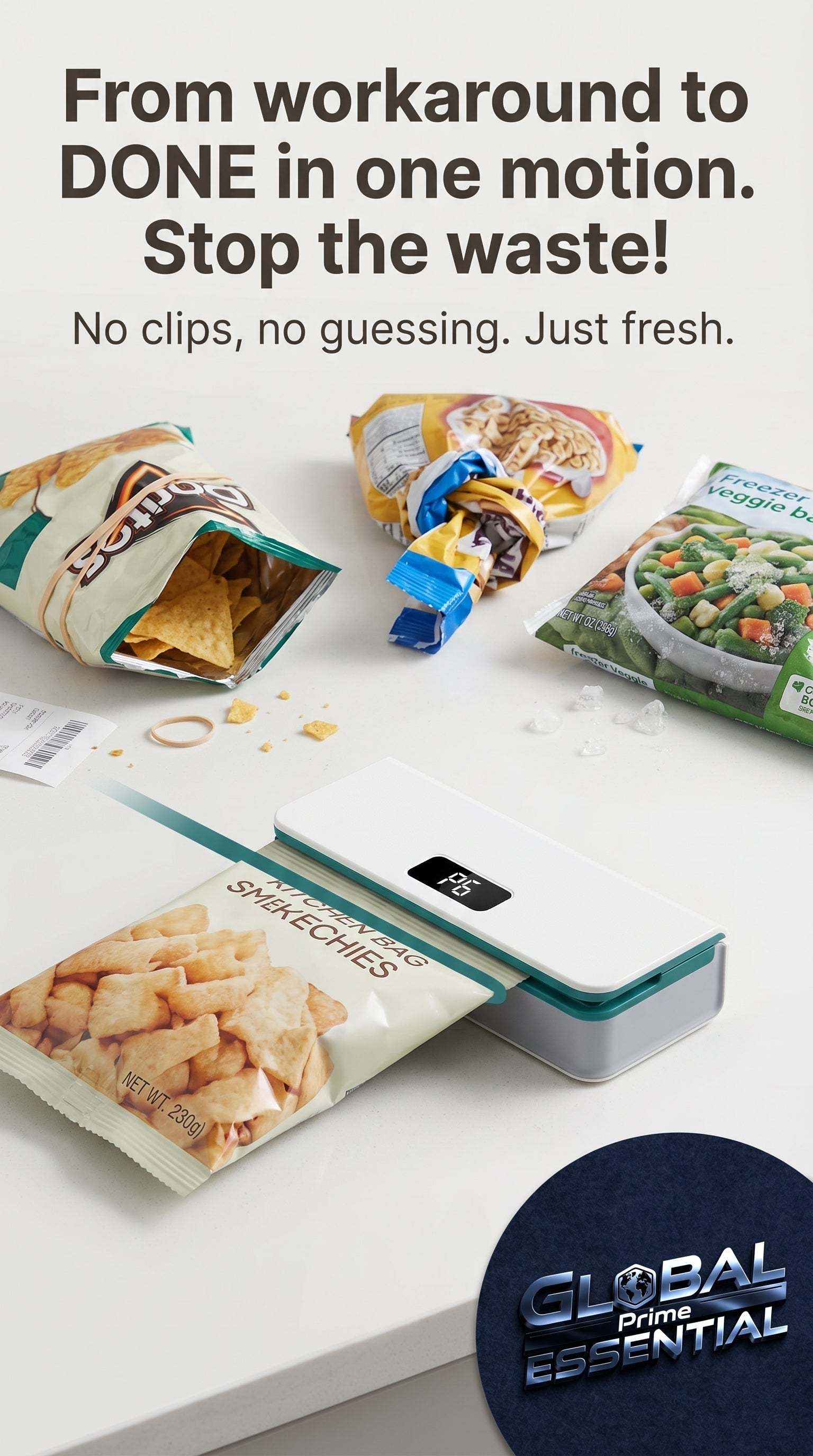 Global Prime Essential kitchen bag sealer sealing fresh food bags to preserve freshness and eliminate waste.