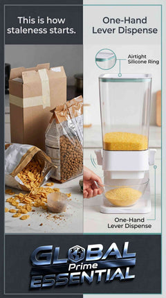 Global Prime Essential 5L dry food dispenser with airtight silicone seal for cereal, pet food, and kitchen storage.