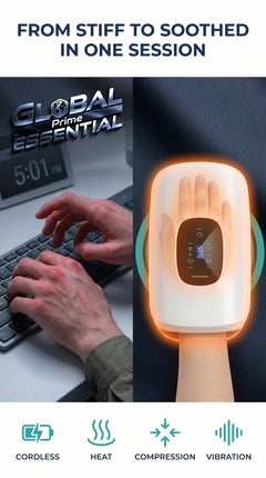 Wireless electric hand massager by Global Prime Essential, showing a user enjoying soothing relief on their hands.