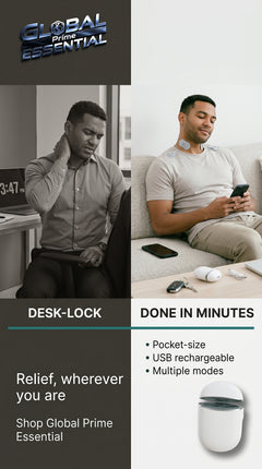 Global Prime Essential Portable Pulse EMS Massager on desk, showing easy handheld design for quick muscle relief at home or office