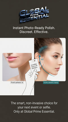 Front view of Global Prime Essential invisible face lift stickers applying to jawline, cheeks, and neck for an instant lifting effect.