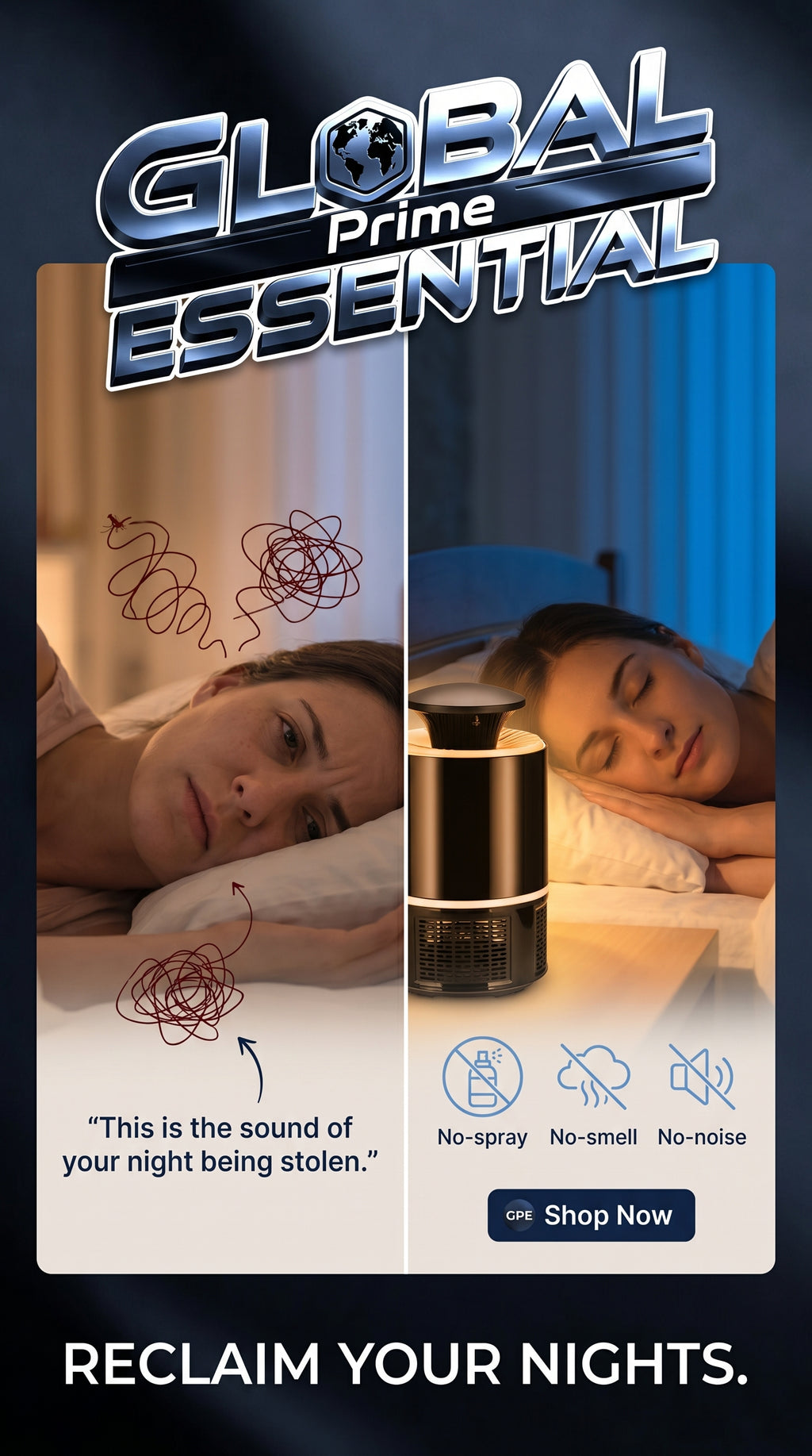 Global Prime Essential mosquito lamp emitting soft light, designed to attract and trap mosquitoes effectively.