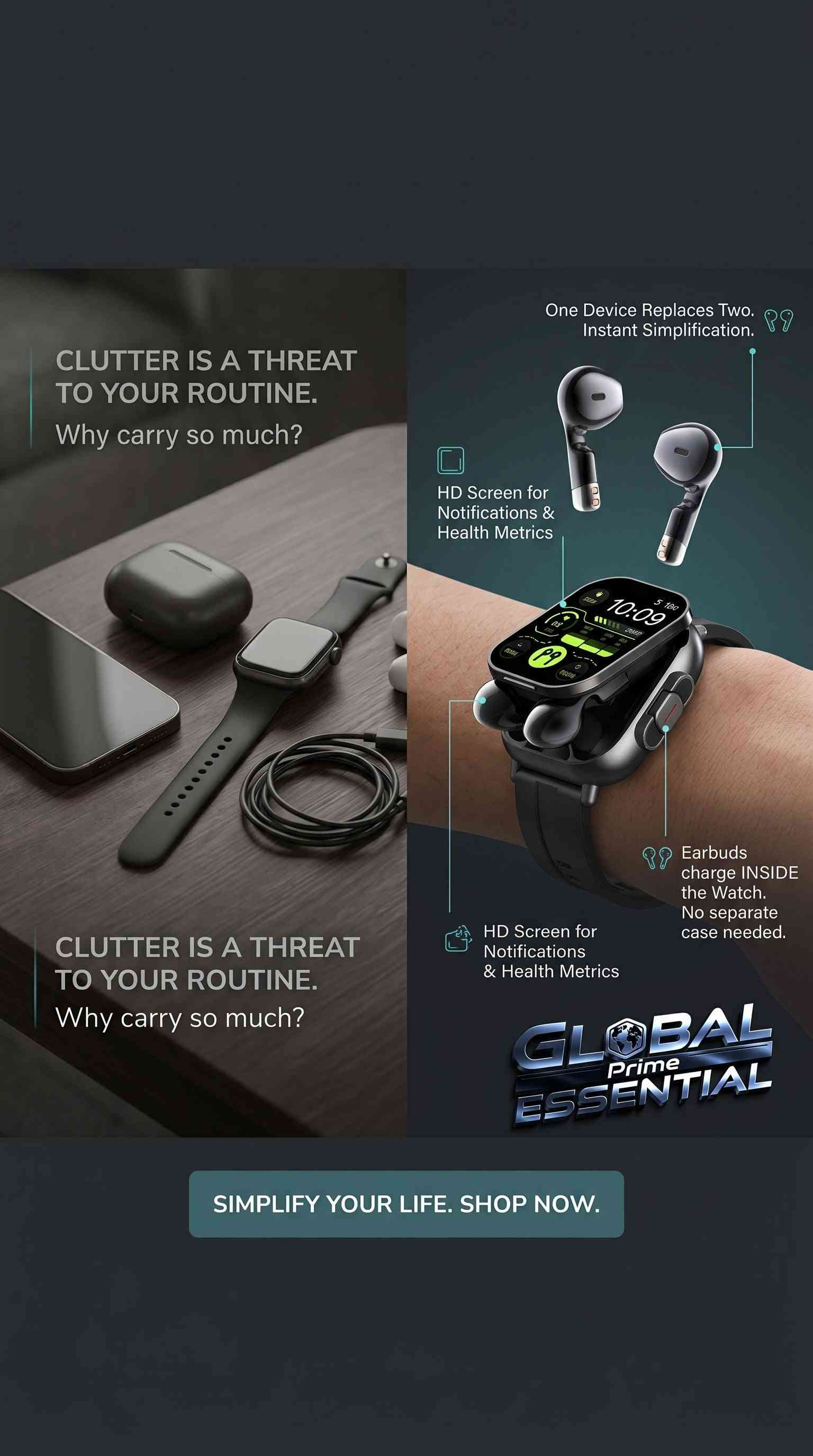 Global Prime Essential 2-in-1 smartwatch with Bluetooth earbuds, HD screen, heart rate monitor, and 100+ sports modes for fitness.