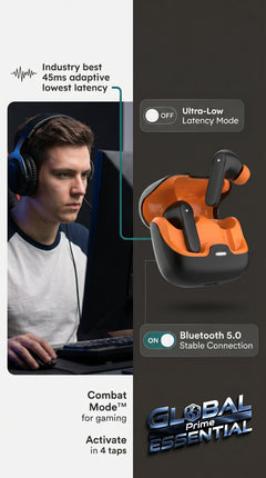 Global Prime Essential TWS Bluetooth earphones with ultra-low latency and flawless audio sync, ideal for gaming and immersive sound.