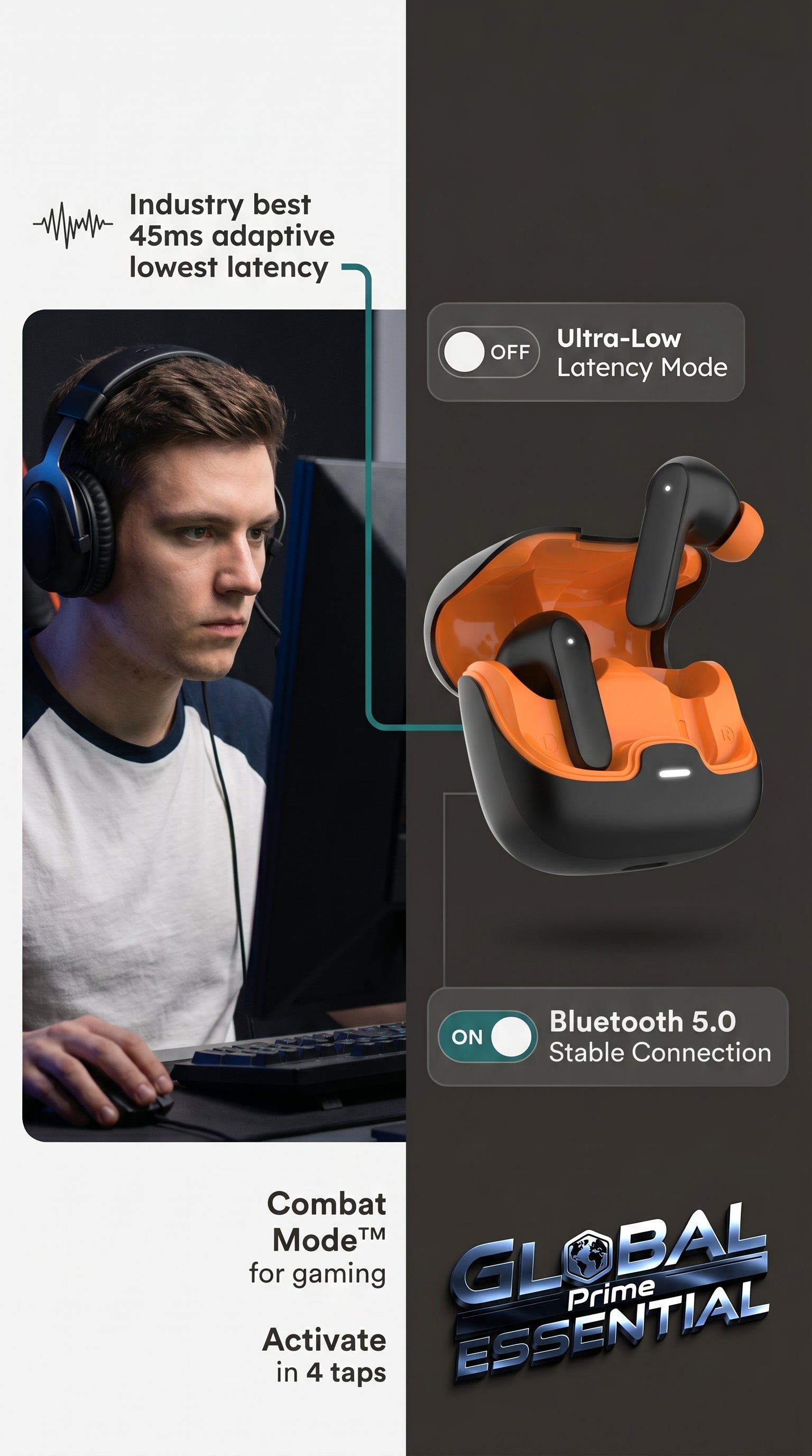 Global Prime Essential TWS Bluetooth earphones with ultra-low latency and flawless audio sync, ideal for gaming and immersive sound.