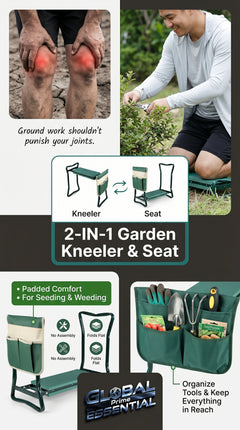 2-in-1 Garden Kneeler & Folding Chair – Padded Knee Rest with Tool Organizer, No Assembly