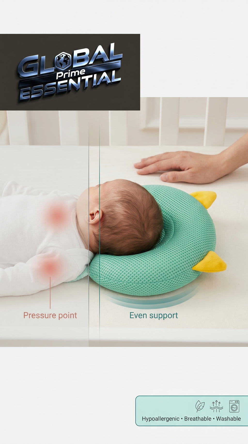 Global Prime Essential newborn protection pillow providing gentle head support for babies in a cozy, soft fabric.