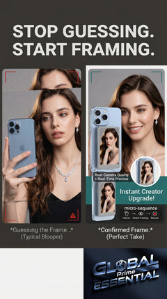 Global Prime Essential Vlog Selfie Monitor screen showing iPhone rear camera for perfect shot framing and monitoring.