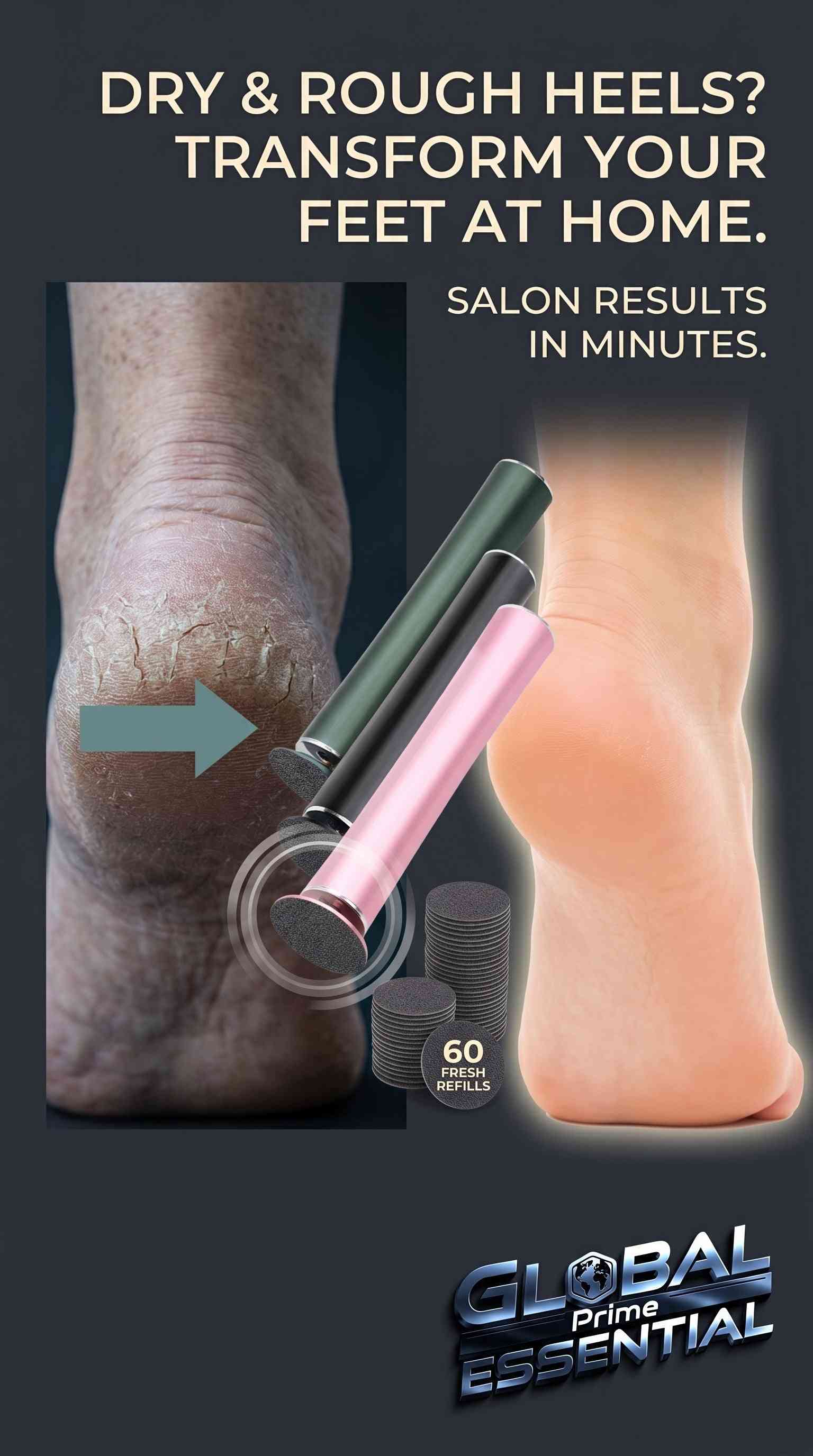 Global Prime Essential electric rechargeable pedicure file with 360° rotating head and callus remover for smooth feet.