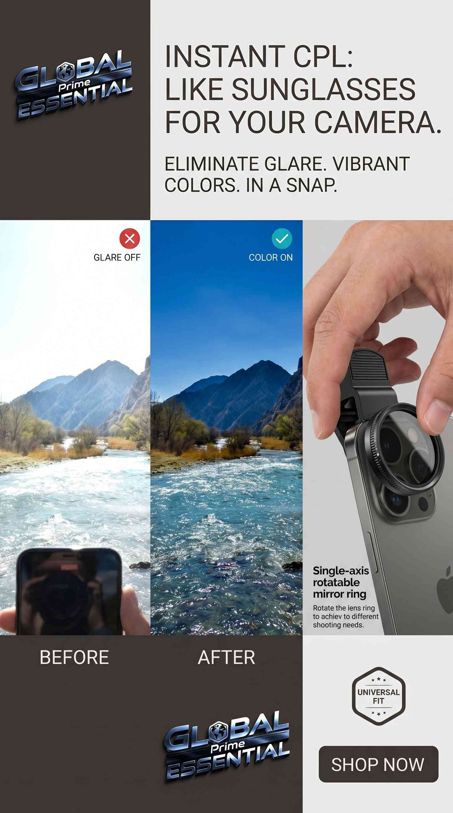 Global Prime Essential 52mm clip-on CPL phone camera lens filter reducing glare and boosting colors for enhanced photos