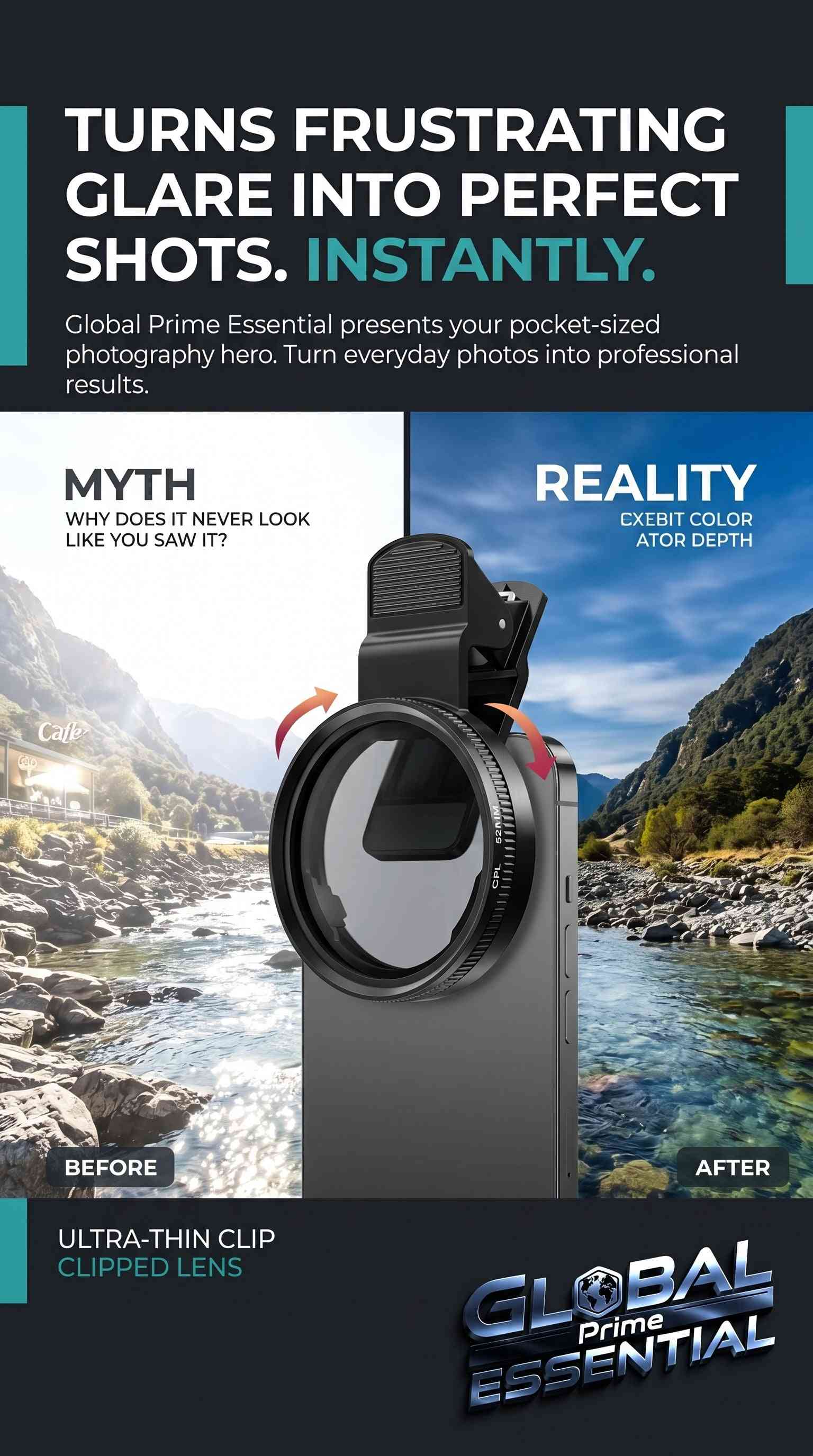 Global Prime Essential 52mm clip-on CPL phone camera lens filter reducing glare and boosting colors for clearer photos