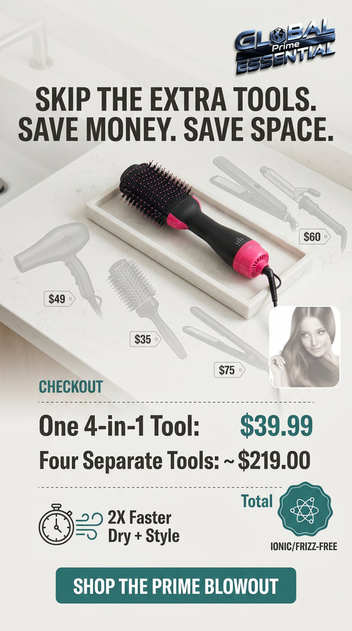 Global Prime Essential 4-in-1 hair dryer brush styling tool with ionic technology for straight, curly, and wavy hair.