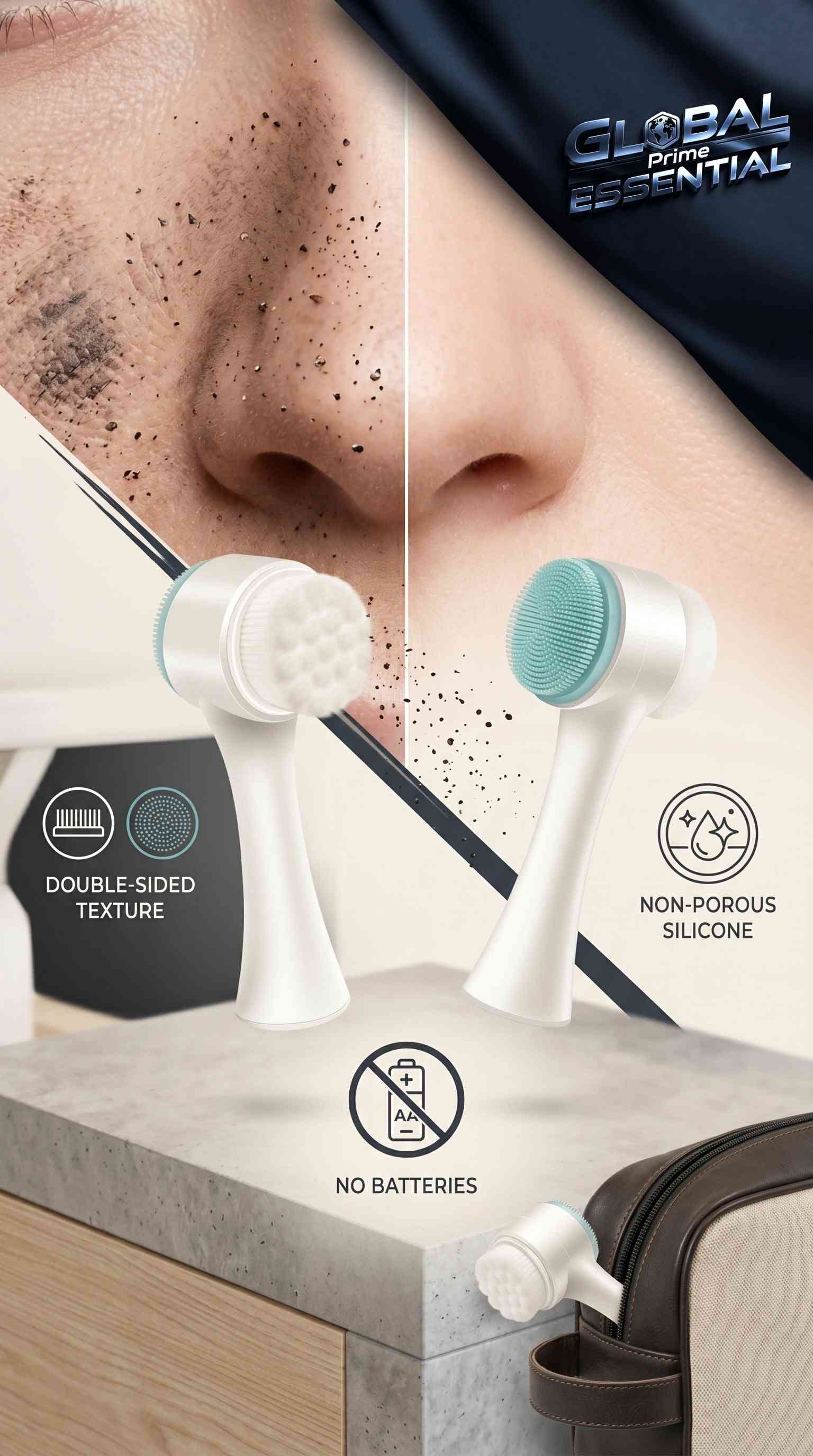 Global Prime Essential 2-in-1 silicone facial cleansing brush for deep pore cleaning, exfoliating, and facial massage.