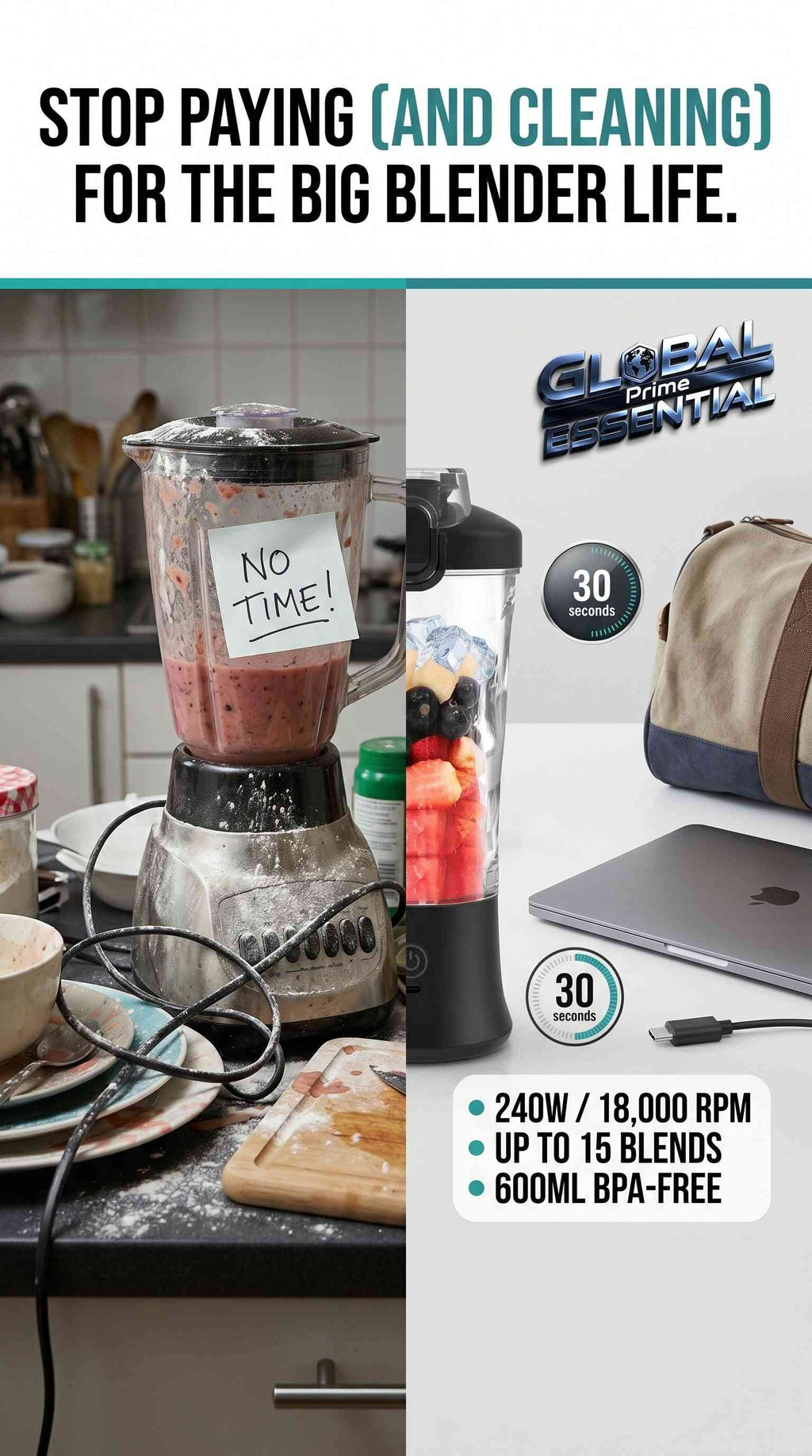 Global Prime Essential portable blender cup with 600ml BPA-free bottle, 240W motor, 18000RPM, and USB-C battery charging.