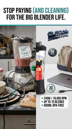 Global Prime Essential portable blender cup with 600ml BPA-free bottle, 240W motor, 18000RPM, and USB-C battery charging.