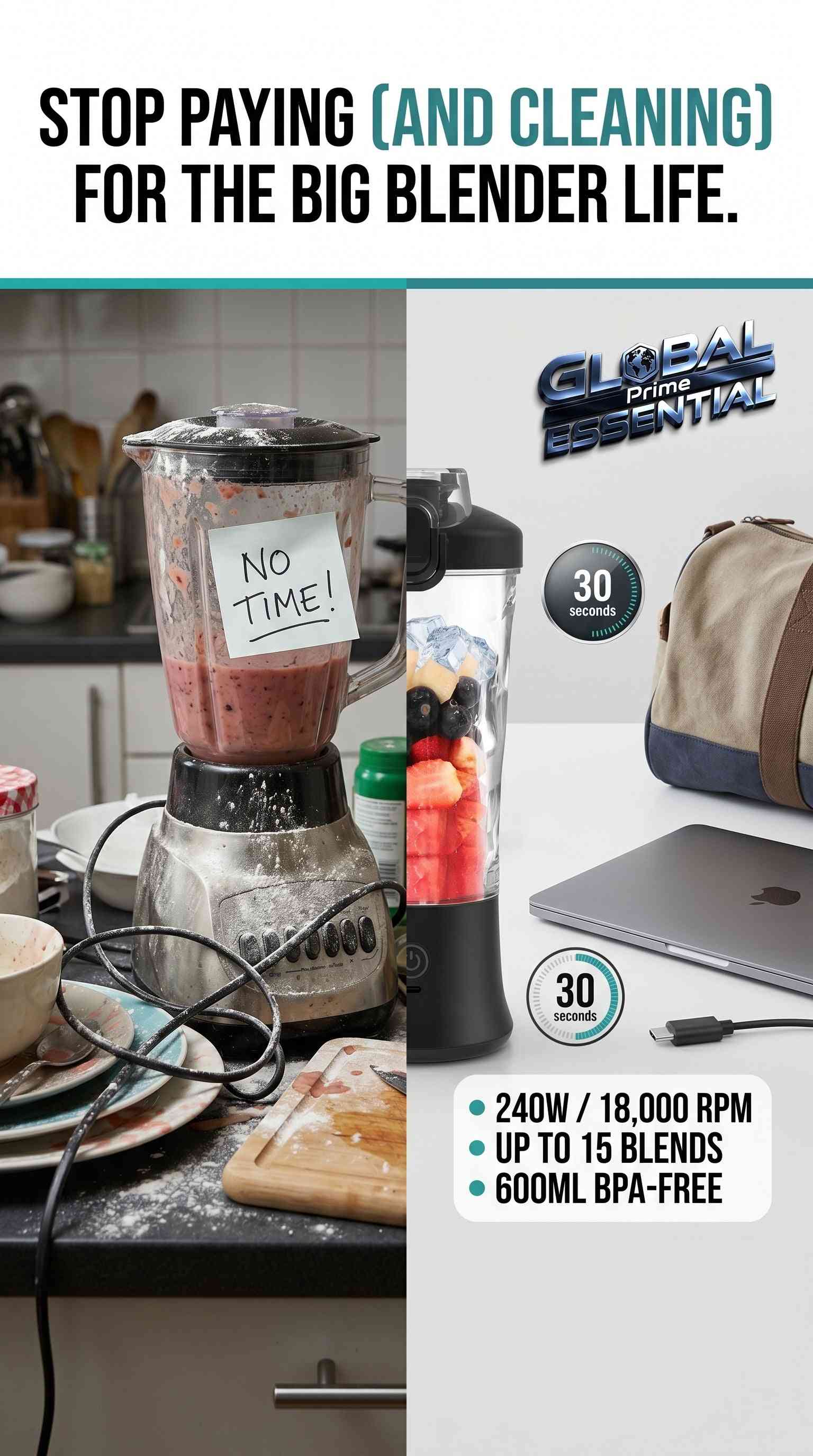 Global Prime Essential portable blender cup with 600ml BPA-free bottle, 240W motor, 18000RPM, and USB-C battery charging.