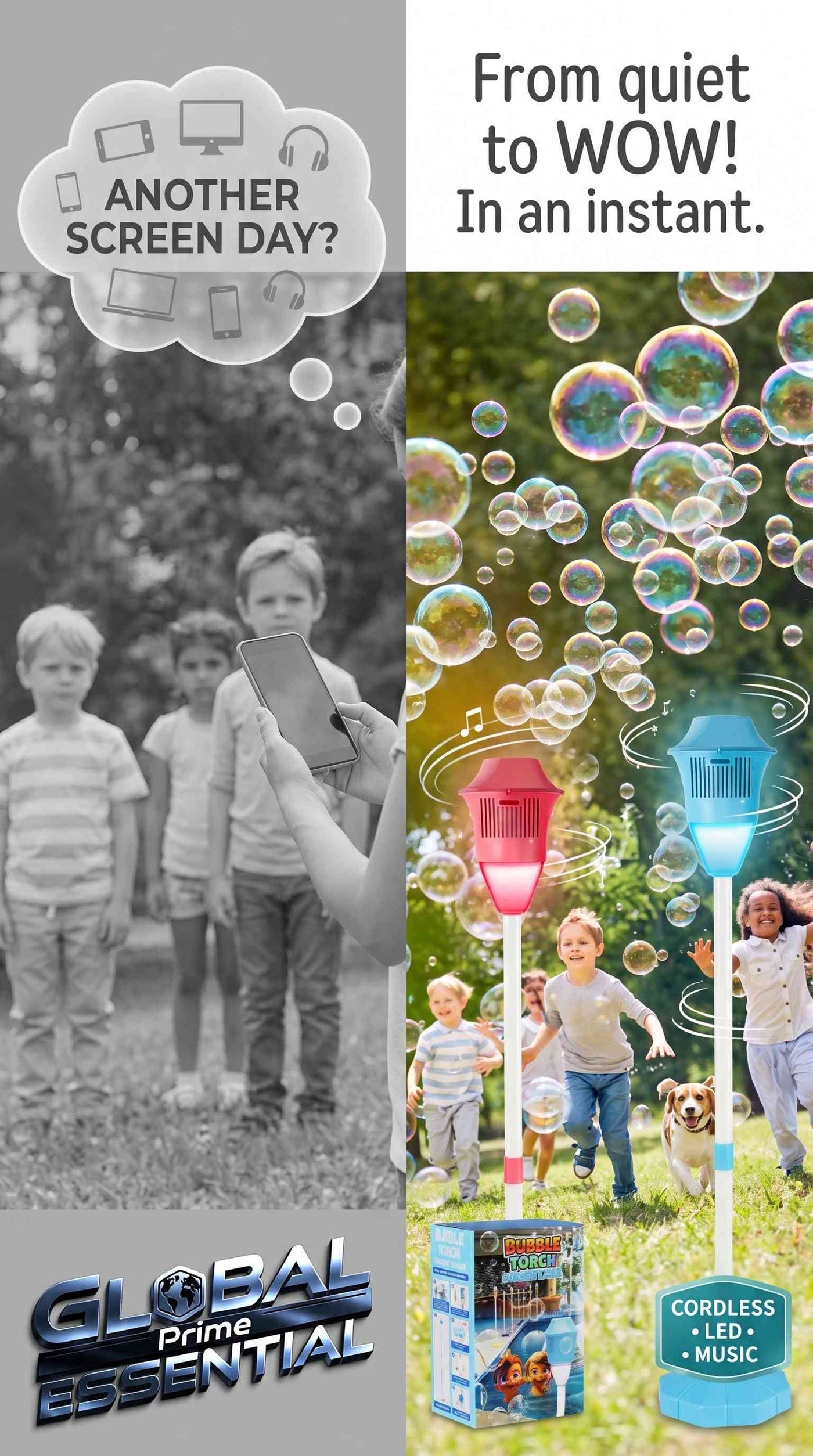Global Prime Essential standing bubble machine for kids with LED lights, music, adjustable height, and battery power, creating fun bubble display