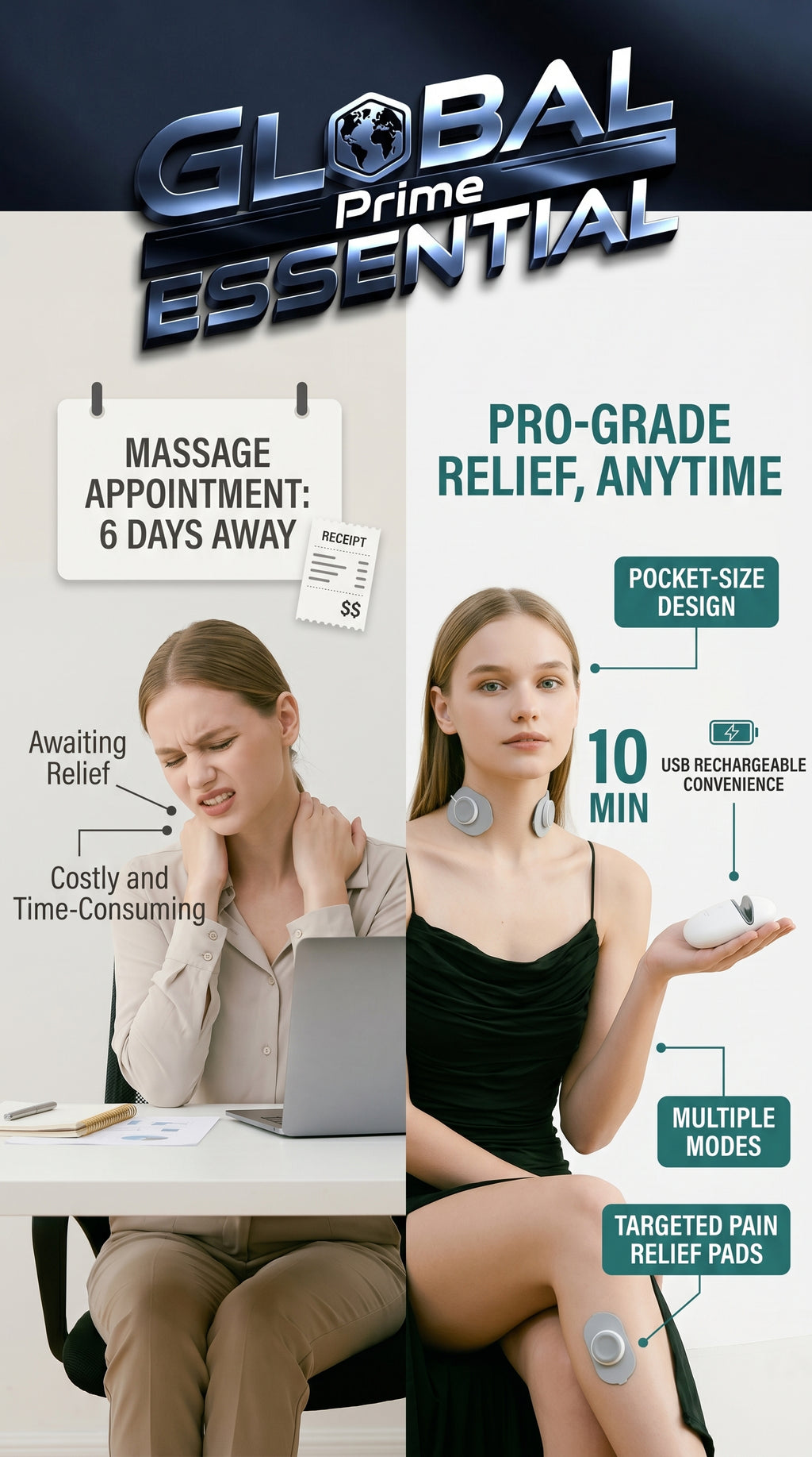Global Prime Essential portable pulse EMS massager providing instant muscle relief with compact, handheld design.