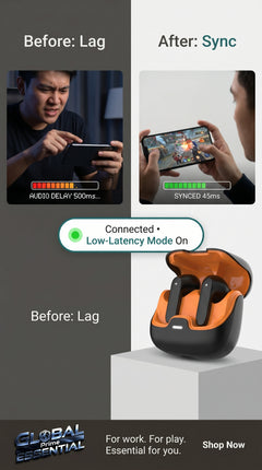 Global Prime Essential TWS Bluetooth earphones with ultra-low latency, wireless design, and sleek ergonomic fit.