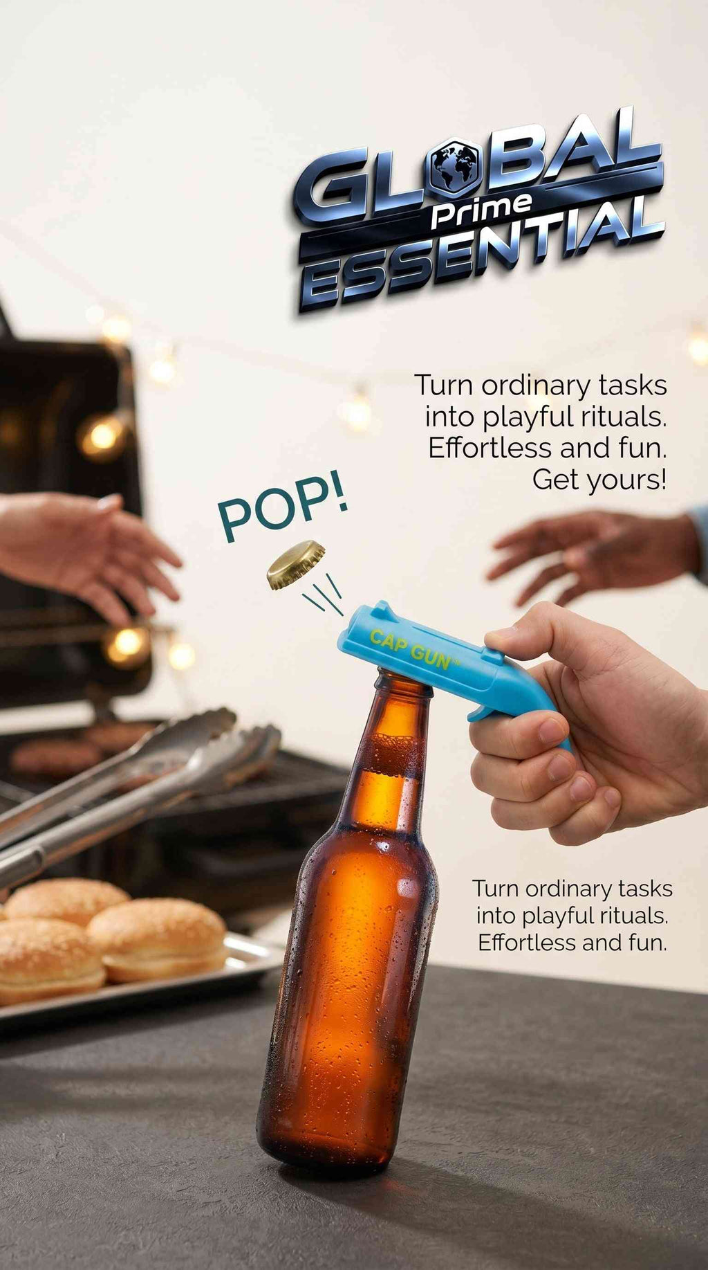 Global Prime Essential Cap Gun Bottle Opener, fun pull-release beer opener shown in playful design, perfect for parties and BBQs.